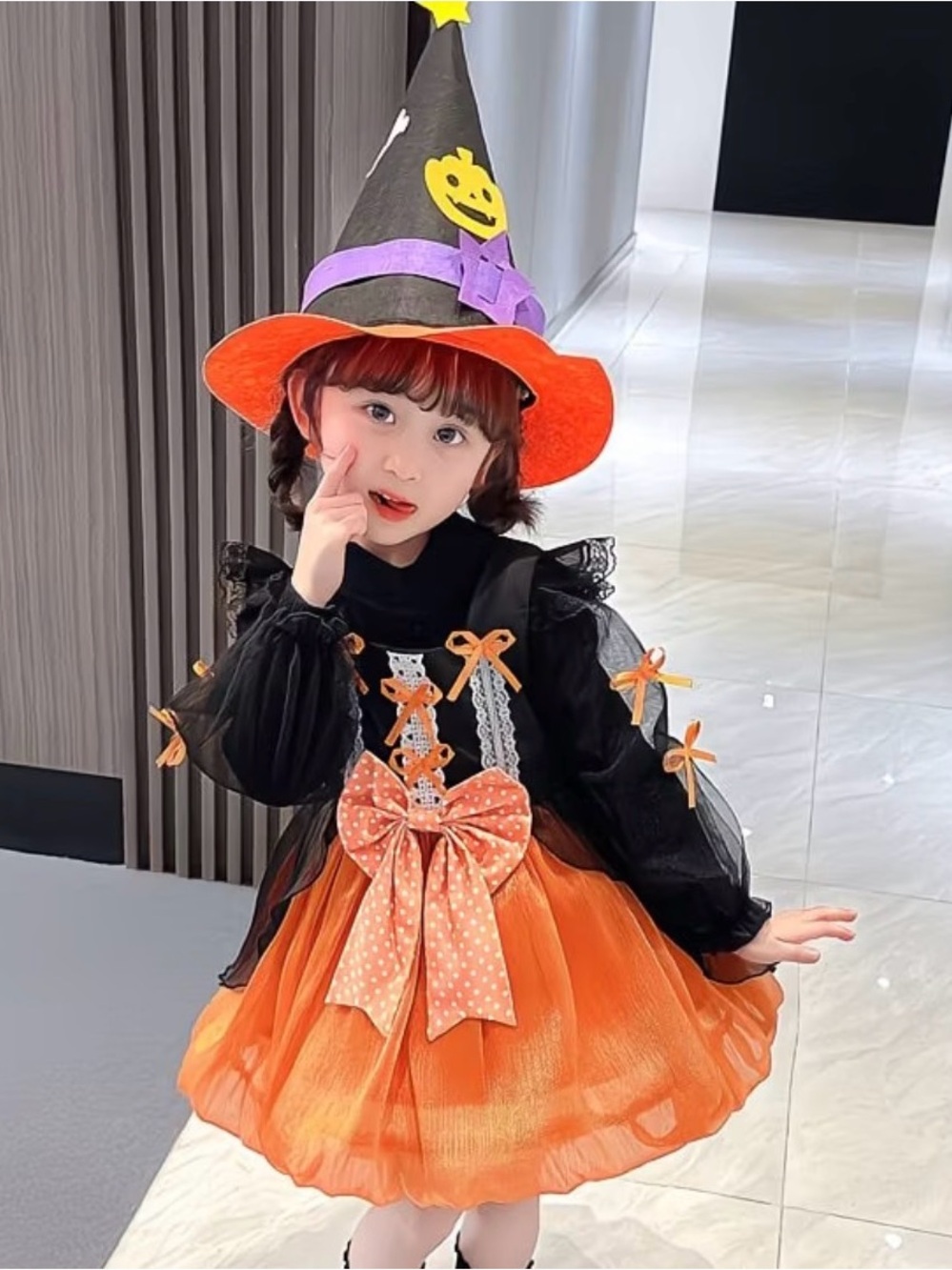 Girls' Halloween Witch Costume Dress with Hat - Orange & Black